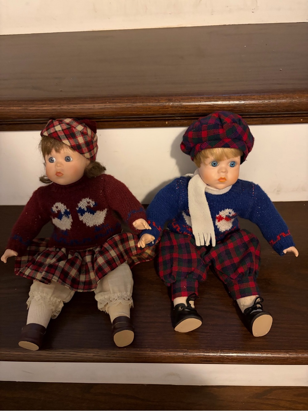 Vintage 1992 Heritage mint porcelain dolls - Blue & Burgundy Sweaters